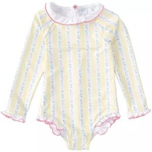 Edghill Collection one piece swimsuit rashguard toddler girl ruffle block print